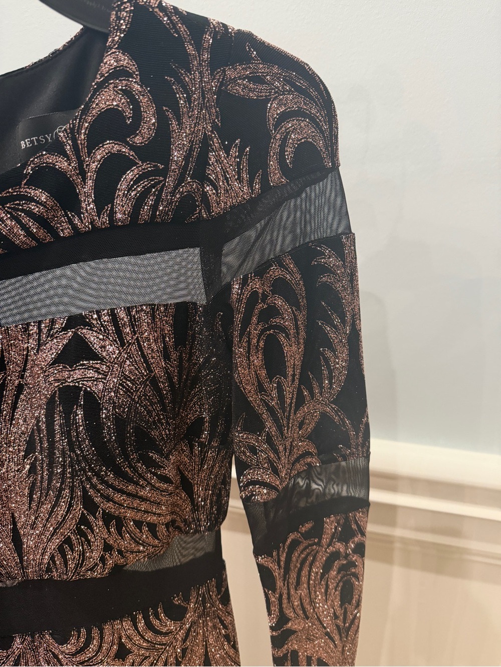 Betsy and Adam Long Sleeve Black and Rose Rose Gold Sparkle Evening Dress 4 - Picture 9 of 14